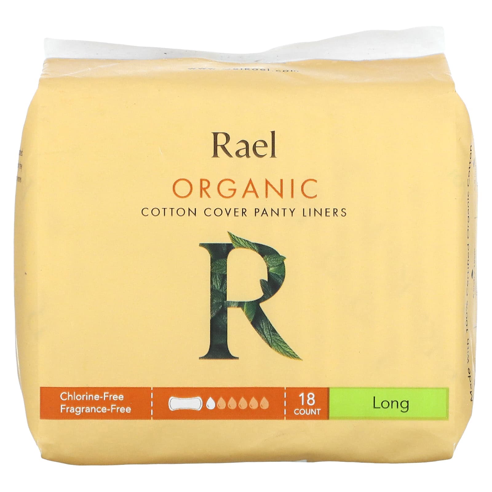 Rael, Organic Cotton Covered Panty Liner, Long, 18 Pieces