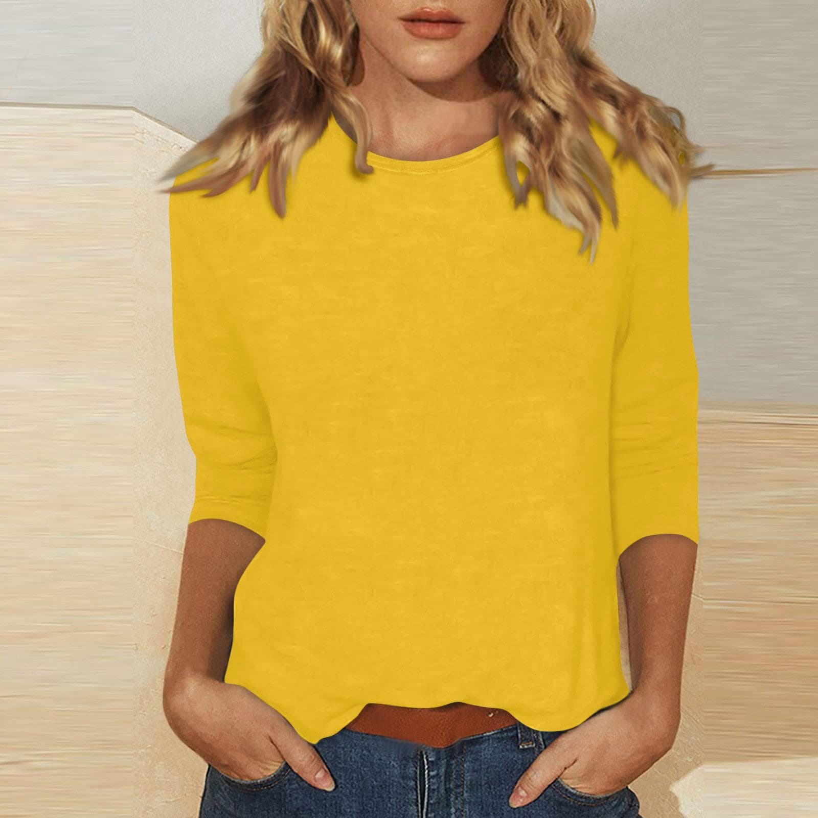 Women's Fashion Daily Versatile Casual O-Neck Three Quarter Sleeve Printed Top S yellow