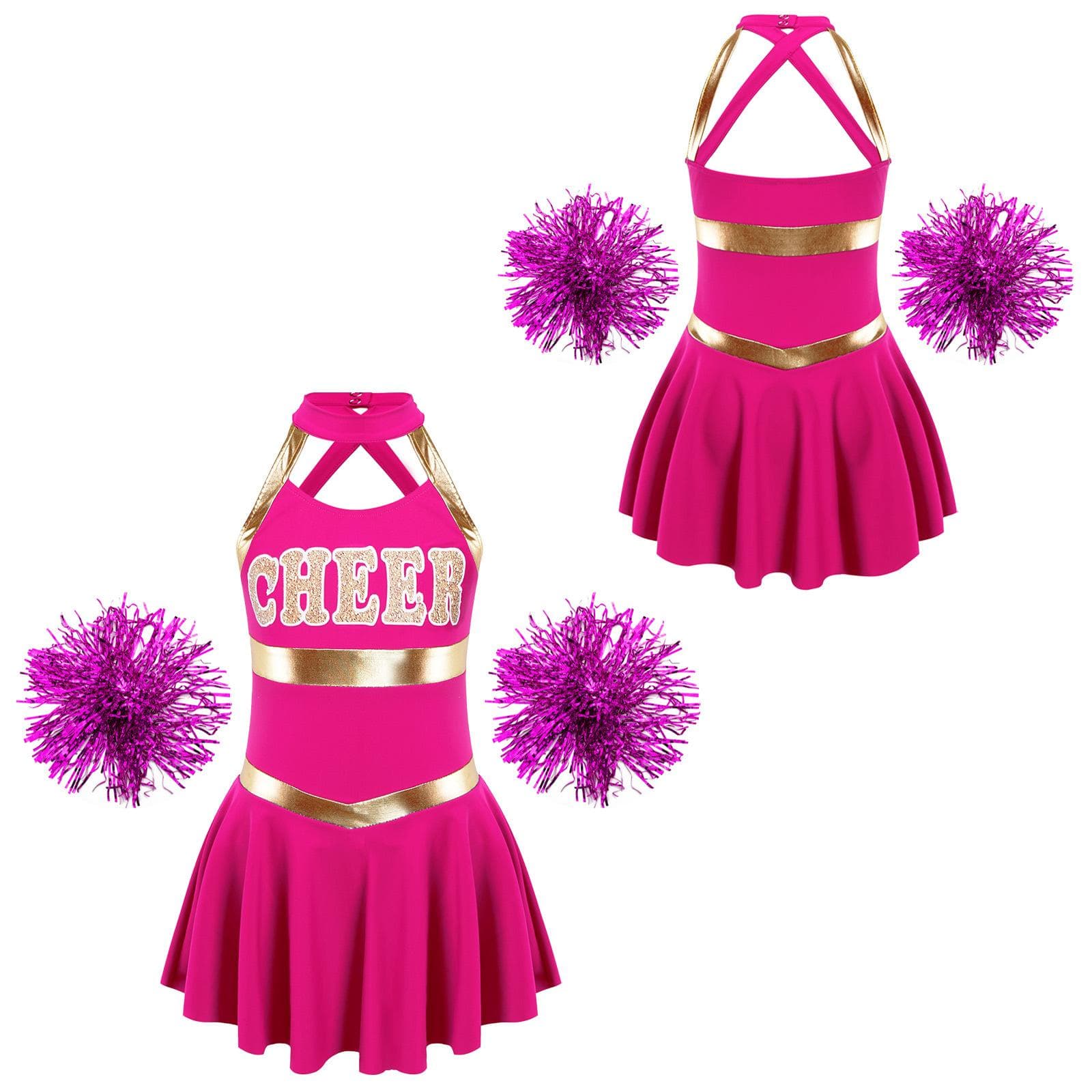 Kids Girls Sleeveless Letter Print Cheerleading Uniform Dance Dress with Flower Balls Set for Sport Meeting Outfits 13-14 Years hot pink