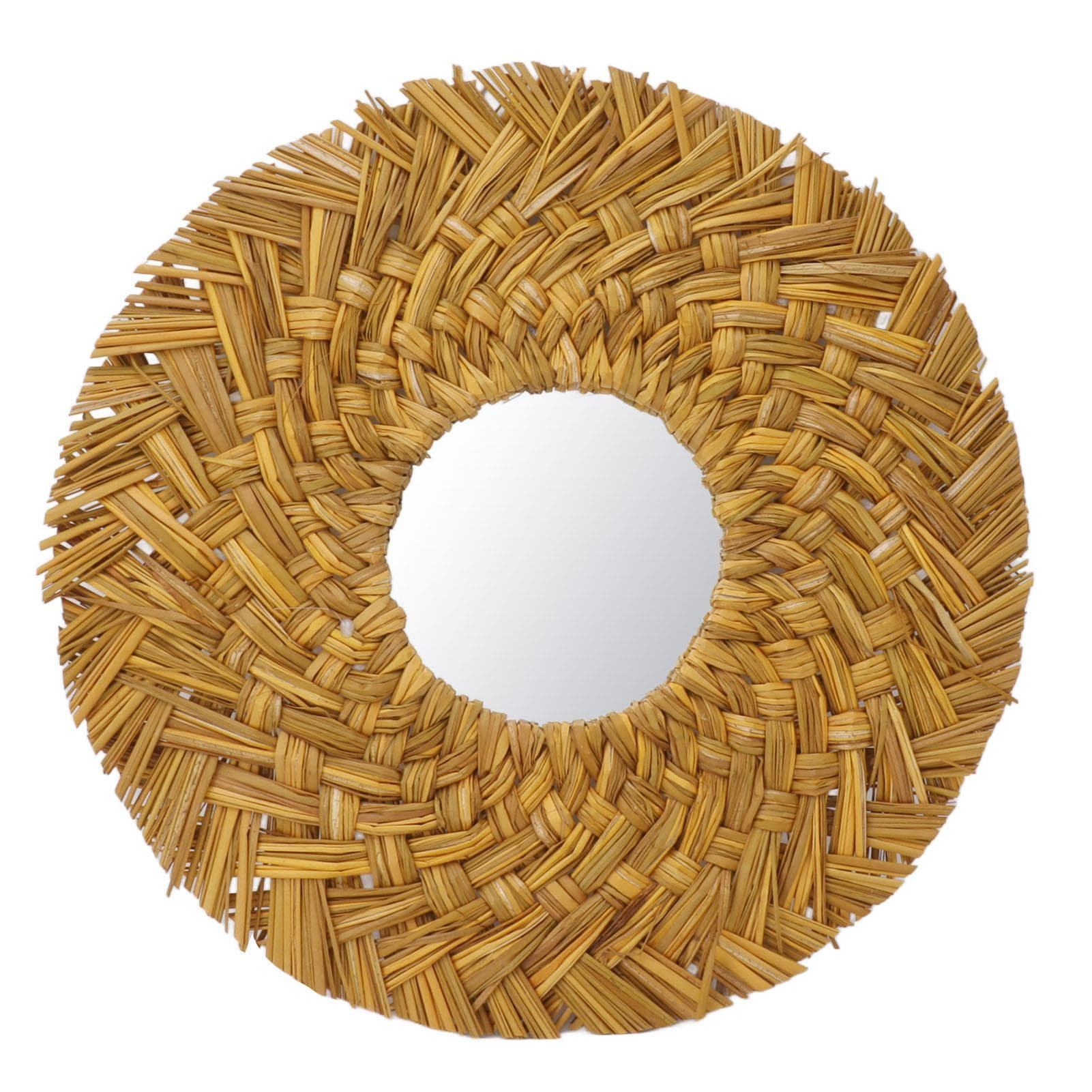 Straw Weaving Wall Mirror Retro Beautiful Woven Wall Hanging Mirror for Dorm Room Decoration Gold