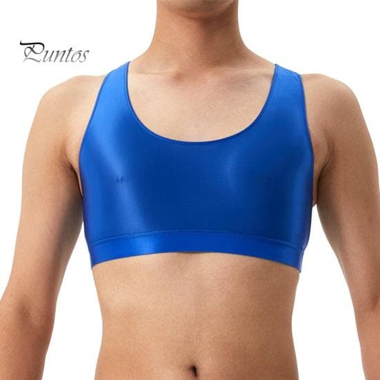 Men Sexy Glossy Silky Vest O-neck Sleeveless Racerback Tank Tops Solid Color Skinny Smooth Surface Tops 2XL blue