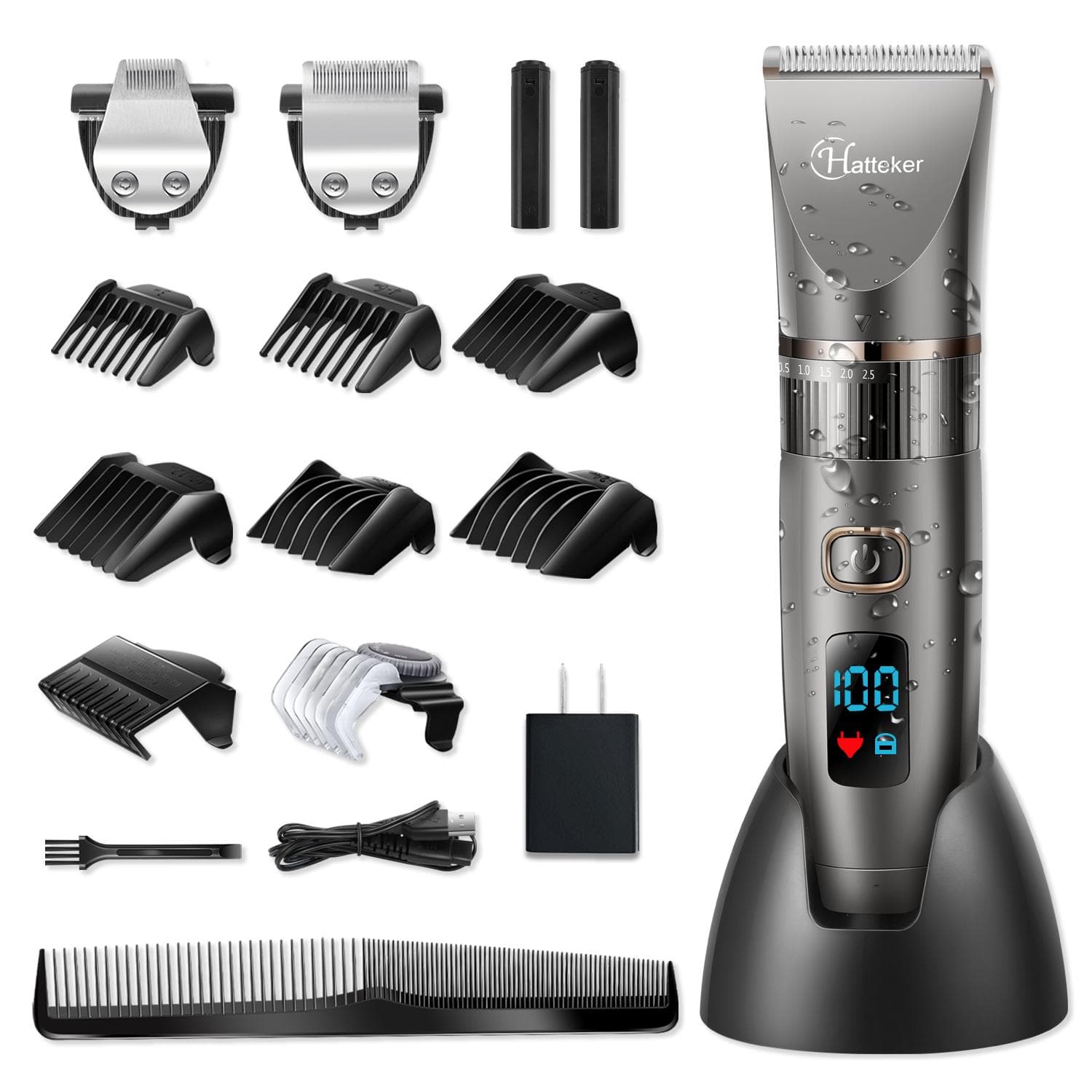HATTEKER Professional Hair Clipper Mens Beard Trimmer Cordless 3 In 1 Hair Trimmer for Men Grooming Kit For Stylists Waterproof dark grey