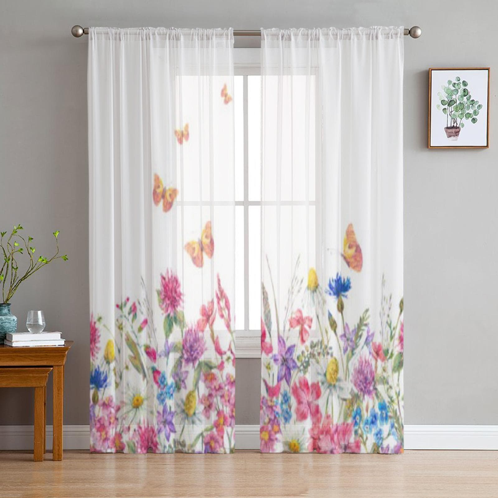 Butterfly Daisies Flowers Sheer Curtain For Living Room Bedroom Voile Curtains For Window Organza Curtains Party Tulle Drapes 135W x 114H(cm)