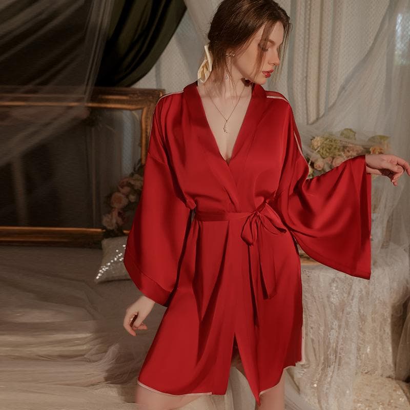 Bathrobe for Women Autumn Satin Sexy V-neck High Slit Lace-up Sexy Pajamas Women's Robe Casual Women's Home Wear Free Size