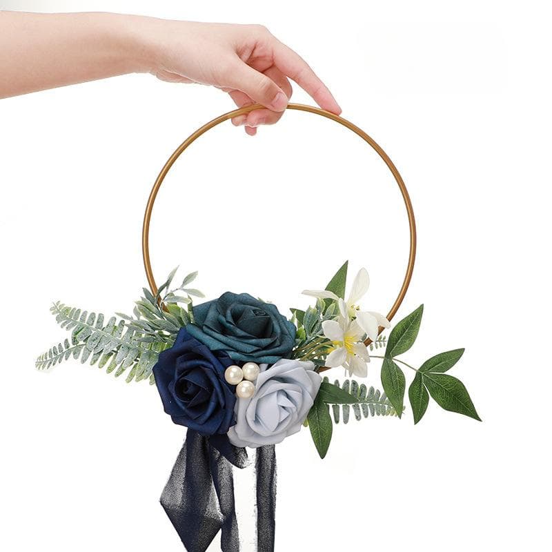 Wedding Gold Hoop Bouquet for Bridesmaids Floral Rose Metal Ring Wreath Bridal Shower Ceremony Decoration blue