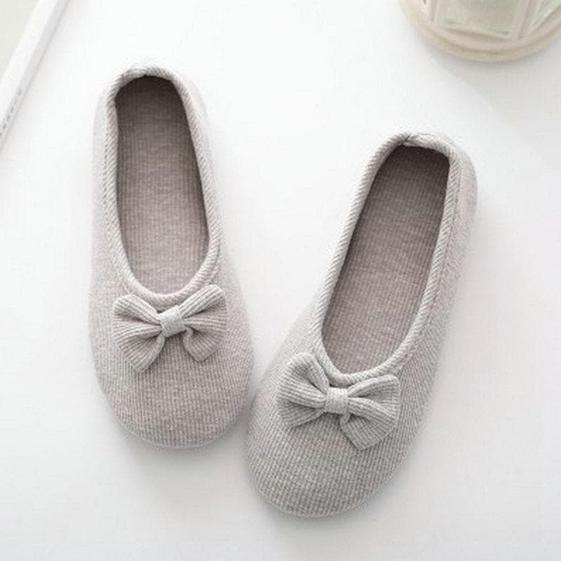 Lovely Bowtie Autumn Women Home Slippers For Indoor Bedroom Soft Bottom Cotton Warm Shoes Adult Guests Flats Non-Sip Girl Shoes 34-35 grey