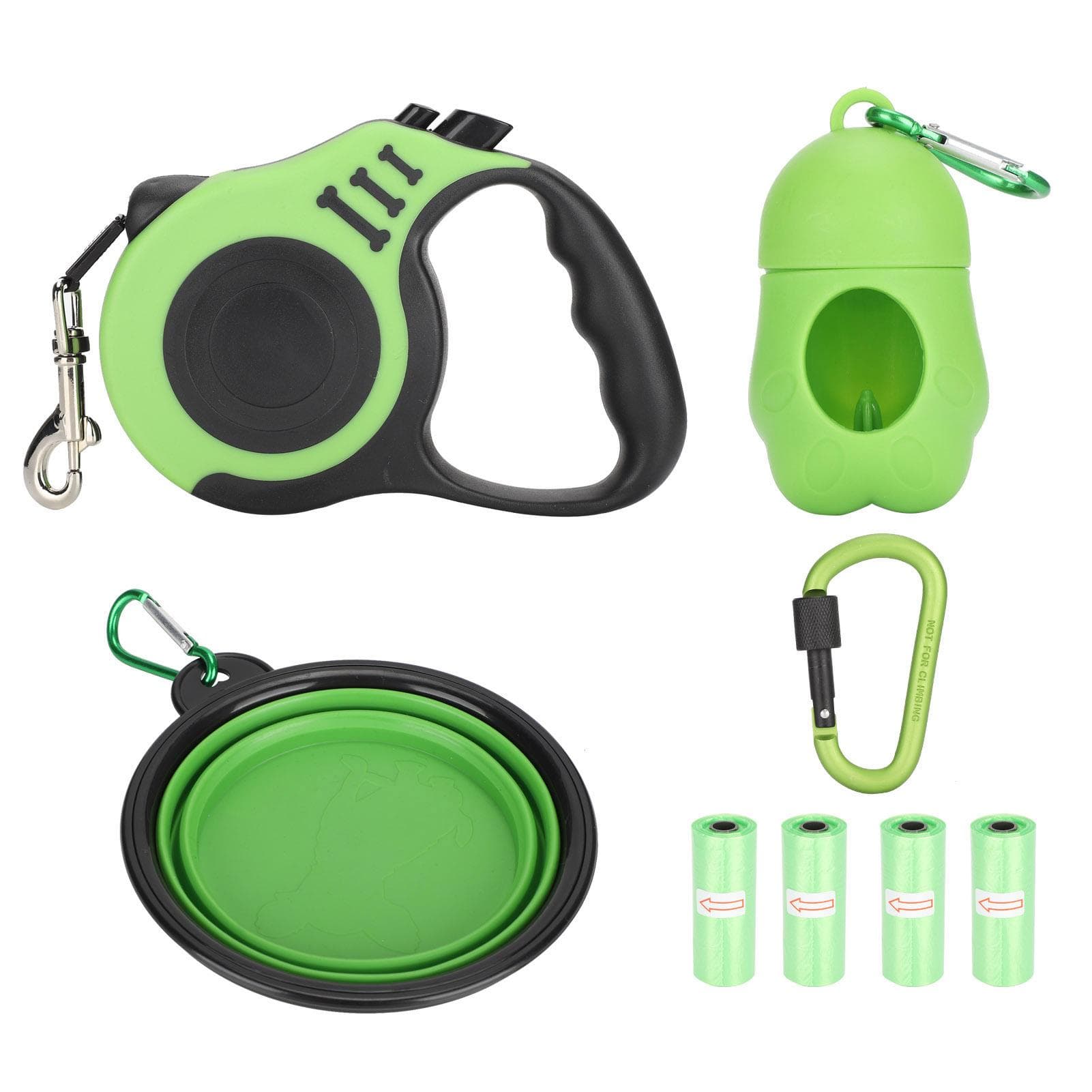 Lightweight 5M Retractable Dog Leash with Folding Bowl Dispenser Rubbish Bags BuckleGreen green
