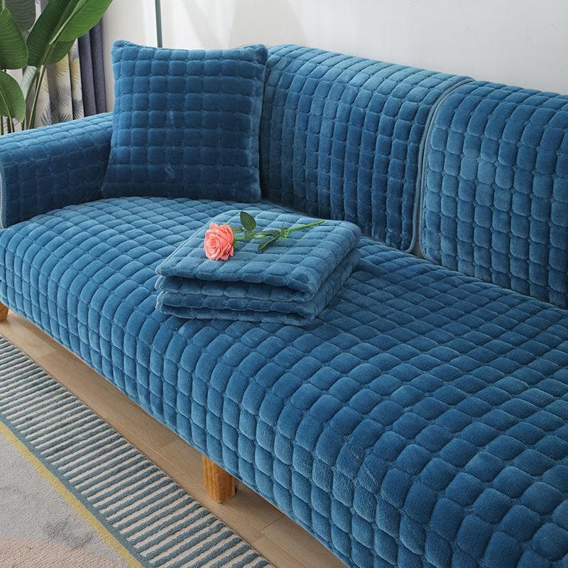 Non-slip flannel sofa cover, thickened soft plush sofa cushion, towel, living room furniture decoration, slipper sofa cover 90x180cm blue