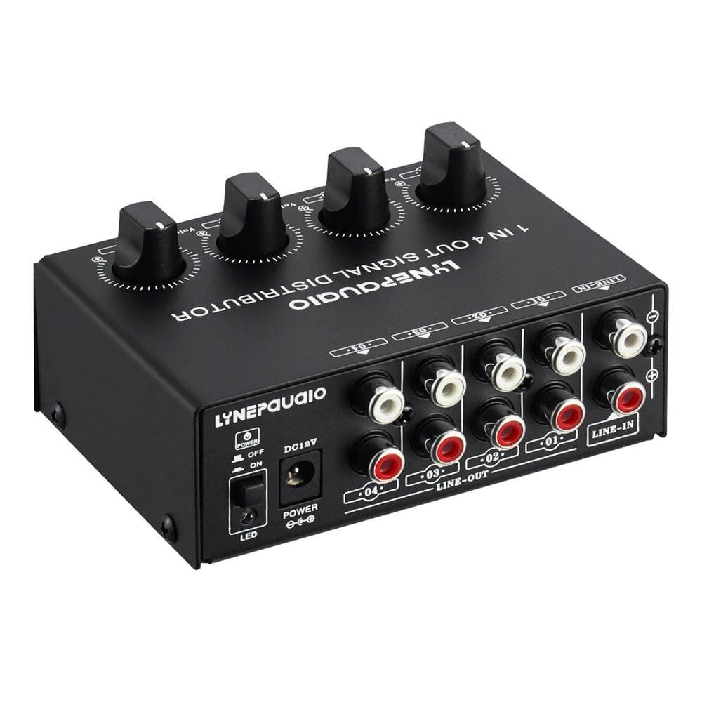 1-in-4-out Stereo Audio Amplifier Amp Signal Distributor 1 Channel Input 4 Channels Output RCA US Plug black