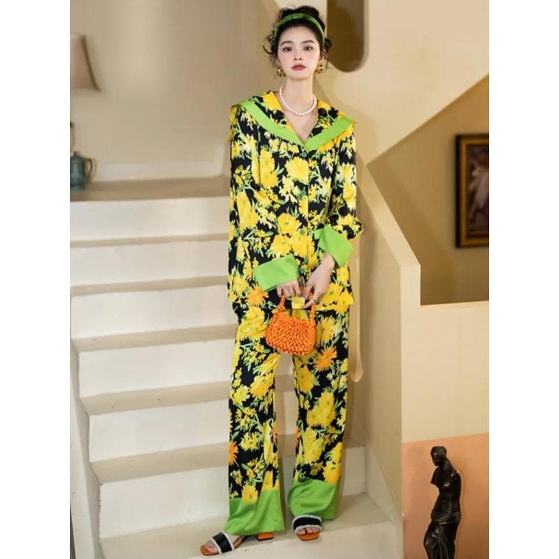 Floral Long-sleeved Pajamas Women's Spring and Autumn High-end Ice Silk Age-reducing Slimming Navy Collar Home Suit XL