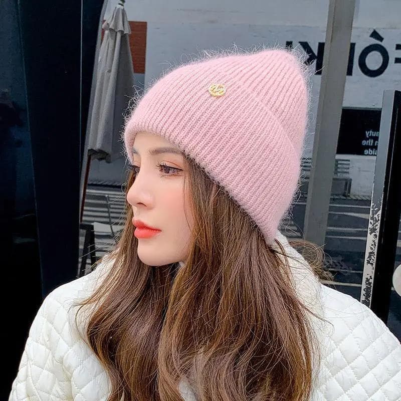 Autumn and Winter Rabbit Fur Knitted Hat Net Letter M Mark Woolen Hat Fashion Wild Warm Hat Autumn and Winter Ear Protection Hat One size