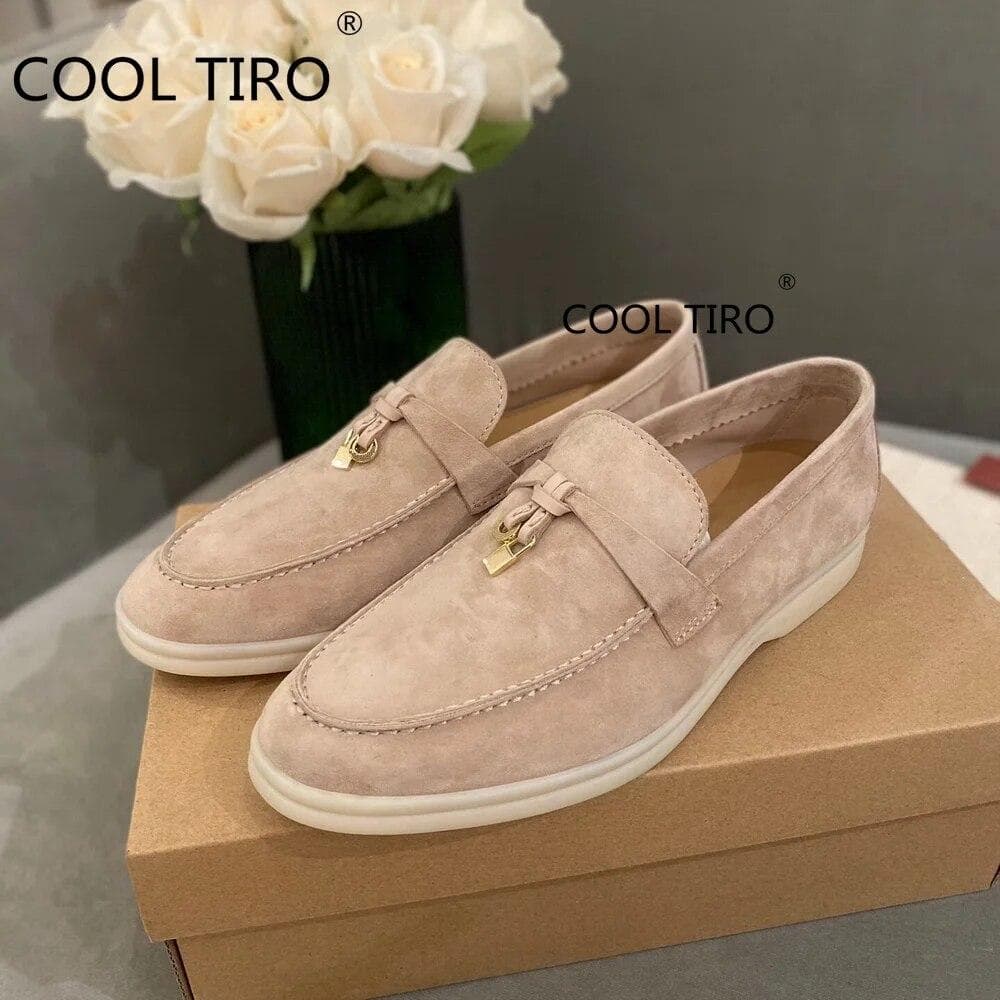 Woman Flat Shoes Slip On Women Loafers Leather Metal Lock Blue Suede Moccasins Mules Casual Driving Shoe Summer Walk Shoes Femme 40