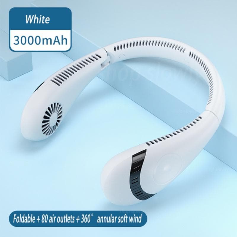 3000 Mah Leafless Hanging Neck Fan 360 Degree Ventilador Fan USB Rechargeable Mini Cooling Fan Portable Folding Sports Hanging Neck Fan white