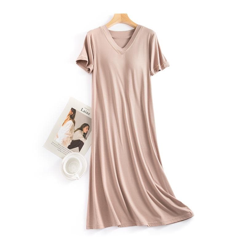 Women's Summer Short Sleeved Multi Colors V-Neck Sleeping Dress with Chest Pads Loose Size Home Sleepwear Nightgown 2XL