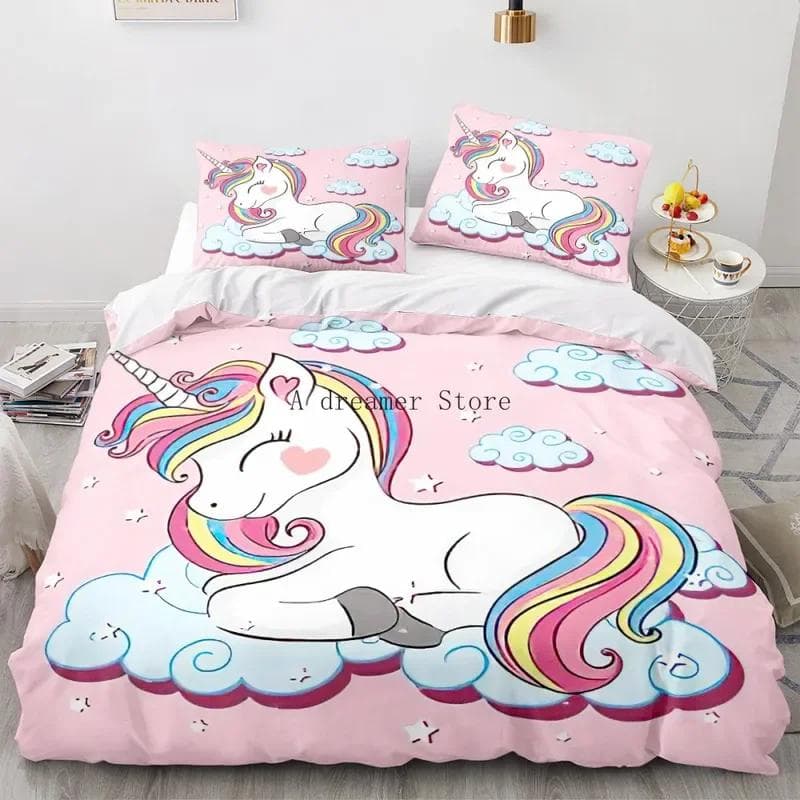 Kids Rainbow Horse Duvet Cover Cartoon Unicorn Bedding Set For Children Baby Crib Duvet Cover Set Pillowcase Lovely Bed Linens cot size70x133cm2pc