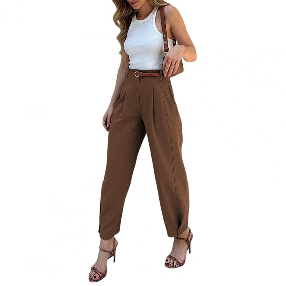 Women Suit Pants High Waist Buttons Zipper Fly Loose-Fit Solid Color Trousers with Pockets Commuting Style Long Pants L coffee