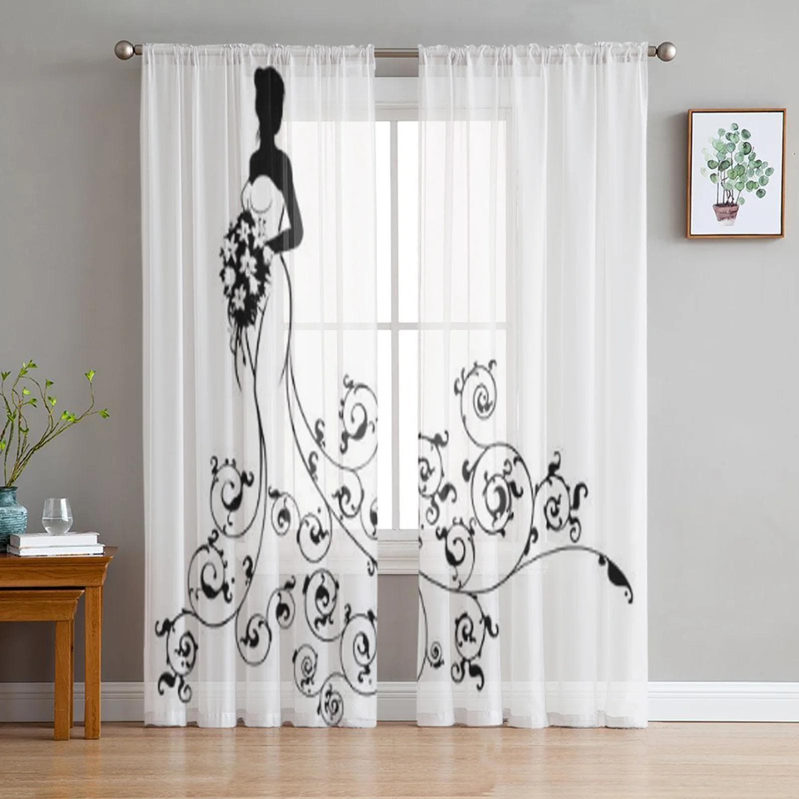 Floral Abstract Black And White Tulle Curtains For Living Room Sheer Curtain Bedroom Veil Organza Decorative Window Treatments 135W x 213H(cm)