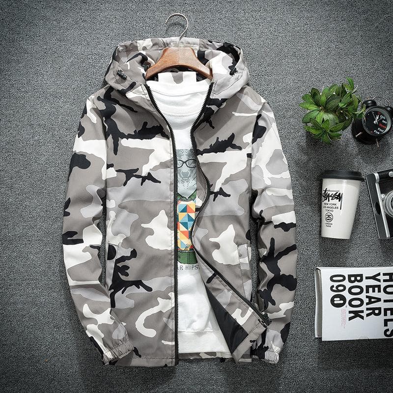 Camouflage Windbreaker Coat Spring and Autumn Student Couple Hooded Windbreaker Men's and Women's Cardigan Long Sleeve Outer Coat 5XL grey
