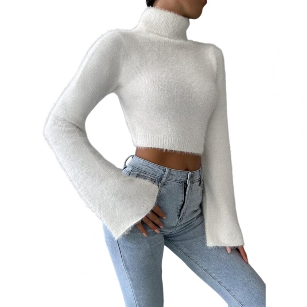 Solid Color Plush Sweater Stylish Women's High Collar Cropped Sweater with Flared Long Sleeves Solid for Exposed for Fashionable L white