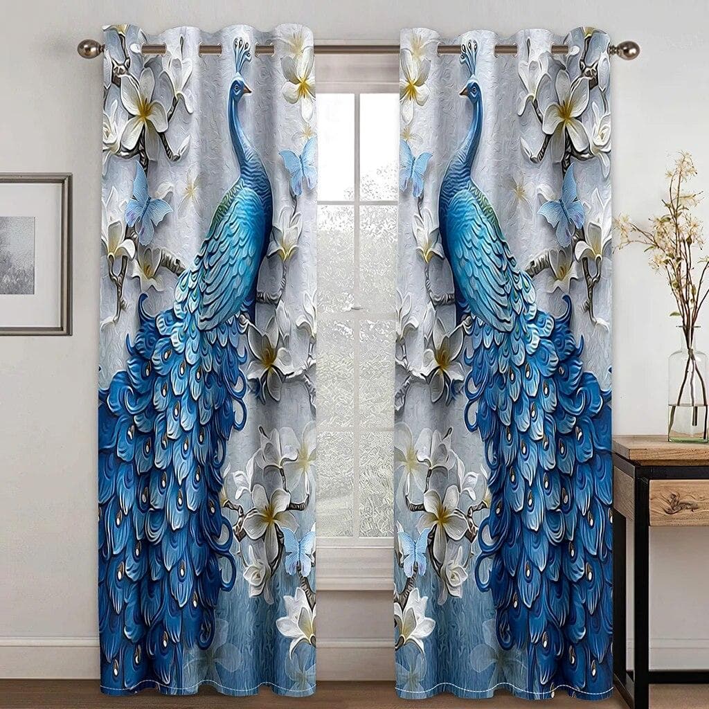 3D Digital Printing Custom Vintage Peacock With Flower Morden Luxury Bedroom Thick Window Curtains For Living Room 2 Panels W110xH220(CM)x2PCS-Grommet Top