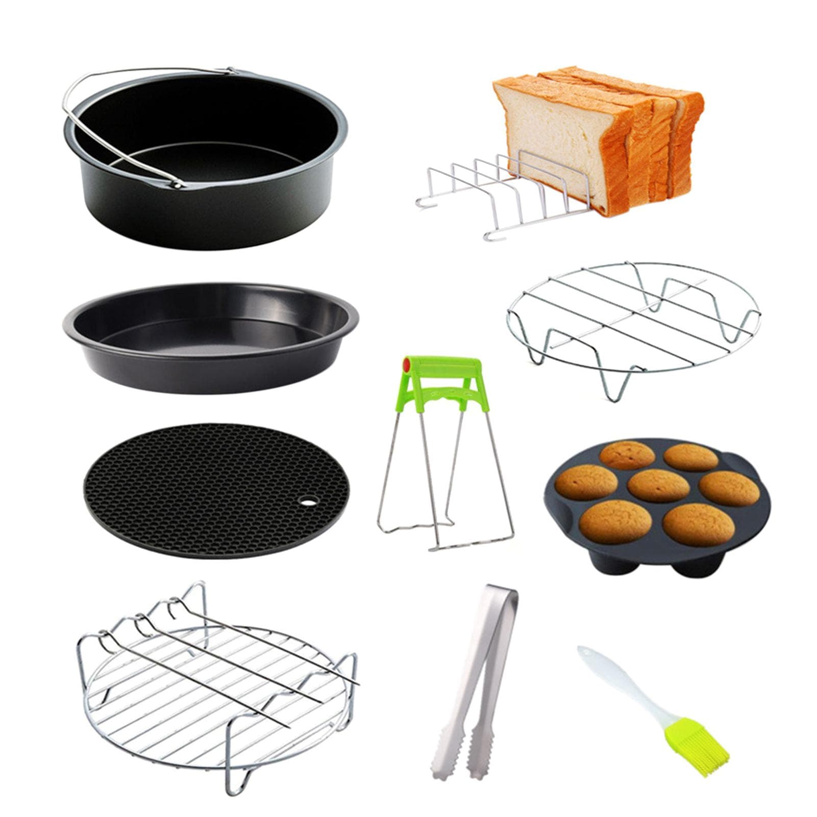 10Pcs Air Fryer Accessory Kit Frying Baking Pan Rack Pizza Tray Pot Metal Holder Bread Bracket 6in