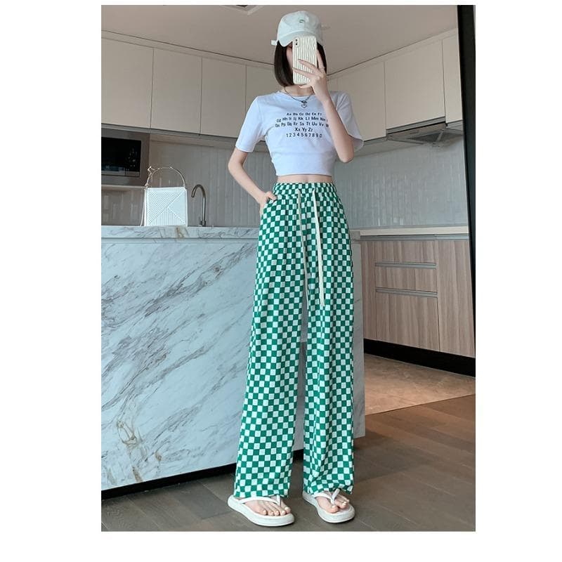 Pants for Women's Summer New Air Conditioning Cool Pants Ice Silk Thread Printed Wide-leg Pants for Women Chess Board Plaid Casual Straight Pants XXL