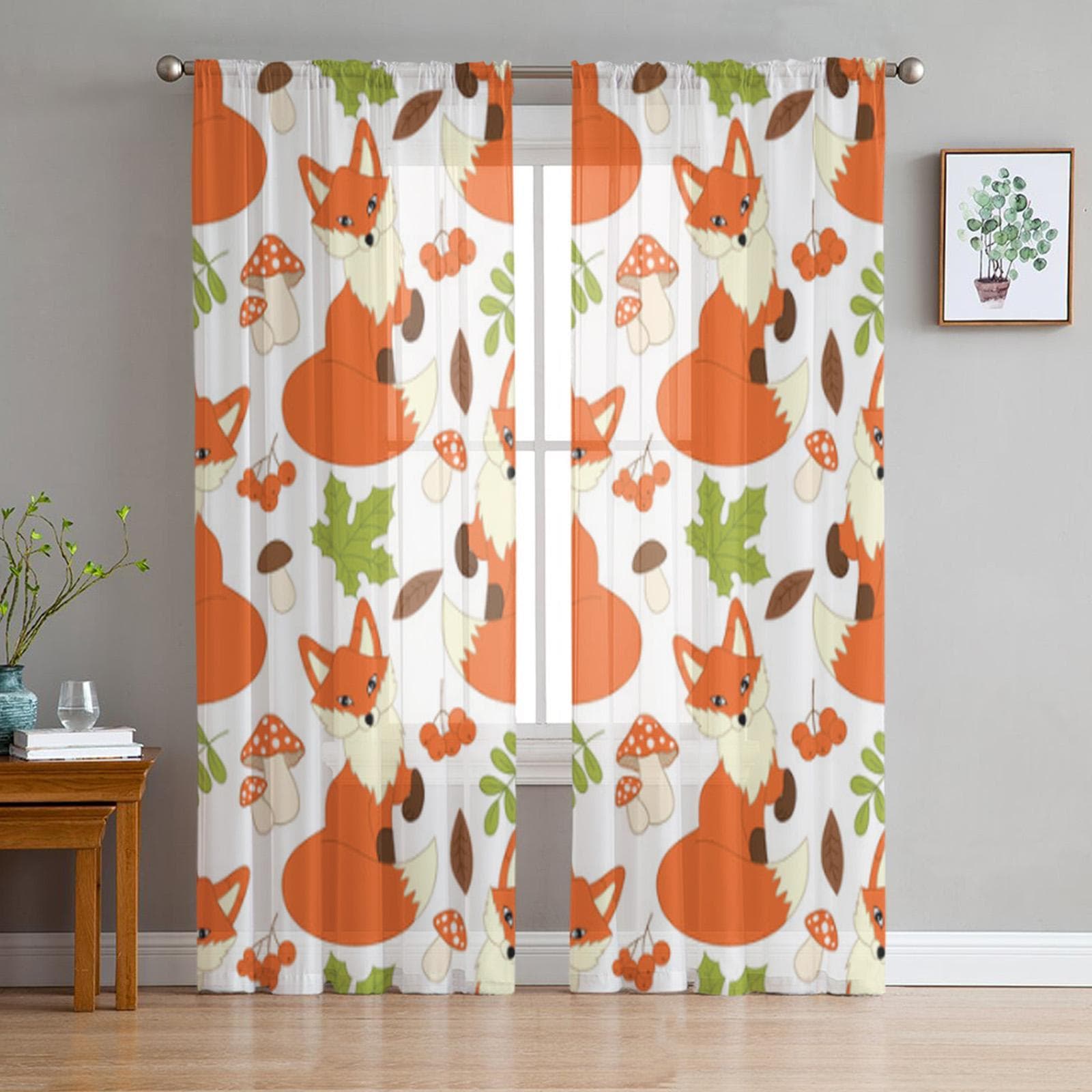 Cute Foxes Mushrooms Berries Leaves Sheer Curtains for Living Room Transparent Tulle Window Curtain Bedroom Kitchen Veil Drapes 135W x 114H(cm)