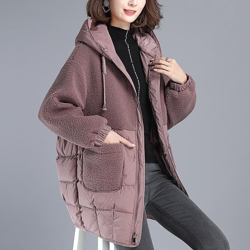 Winter New Loose Down Cotton-padded Clothes Medium and Long Lamb Wool Large Size Cotton-padded Jackets Thickened Coats L