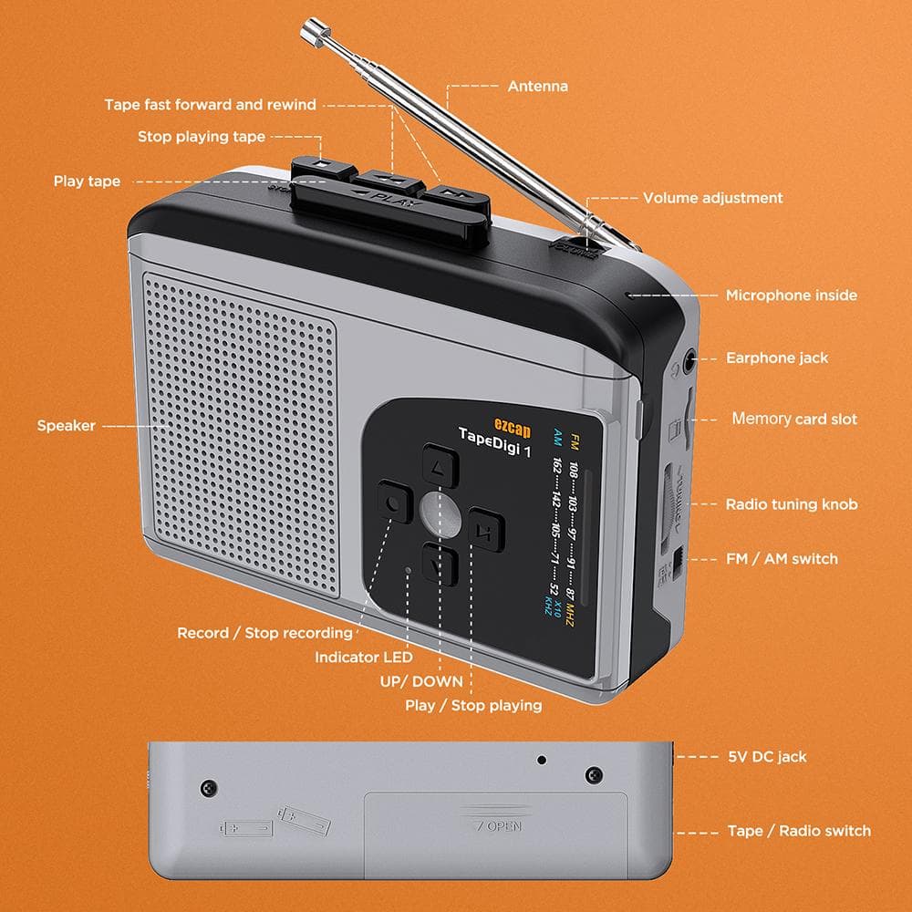ezcap234 USB Cassette Player with USB Power Cable Tape-to-MP3 Converter Built-in Speaker Microphone black gray