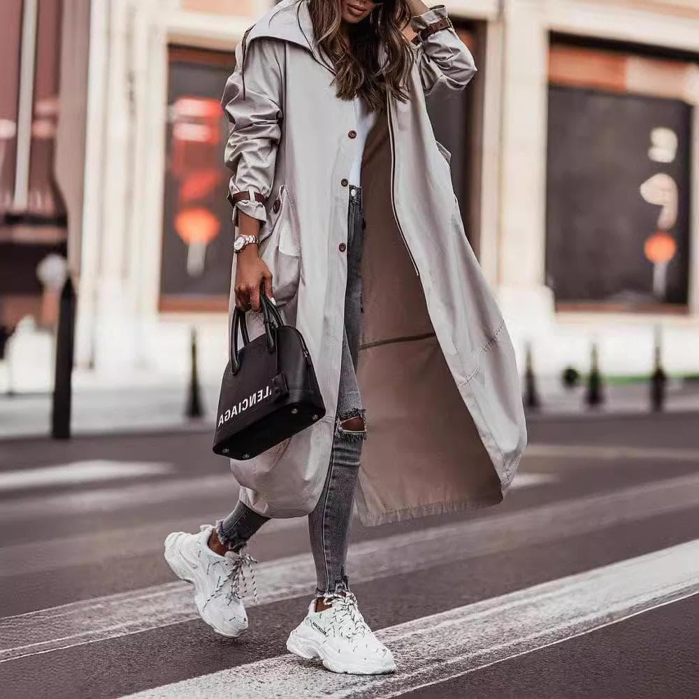 New Temperament Casual Large Lapel Collar Medium and Long Trench Coat L