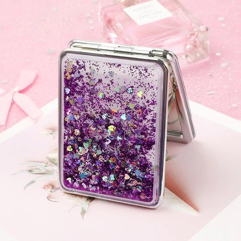 Flowing Sands Mini Folding Makeup Mirrors Pocket Mirror for Girls Women Double-Sided Sparkling Make Up Mirror Beauty Accessories purple