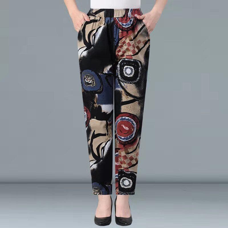 High Waisted Loose Women's Floral Pants, Summer Middle-aged and Elderly Haren Casual Pants, Women's Pants 3XL