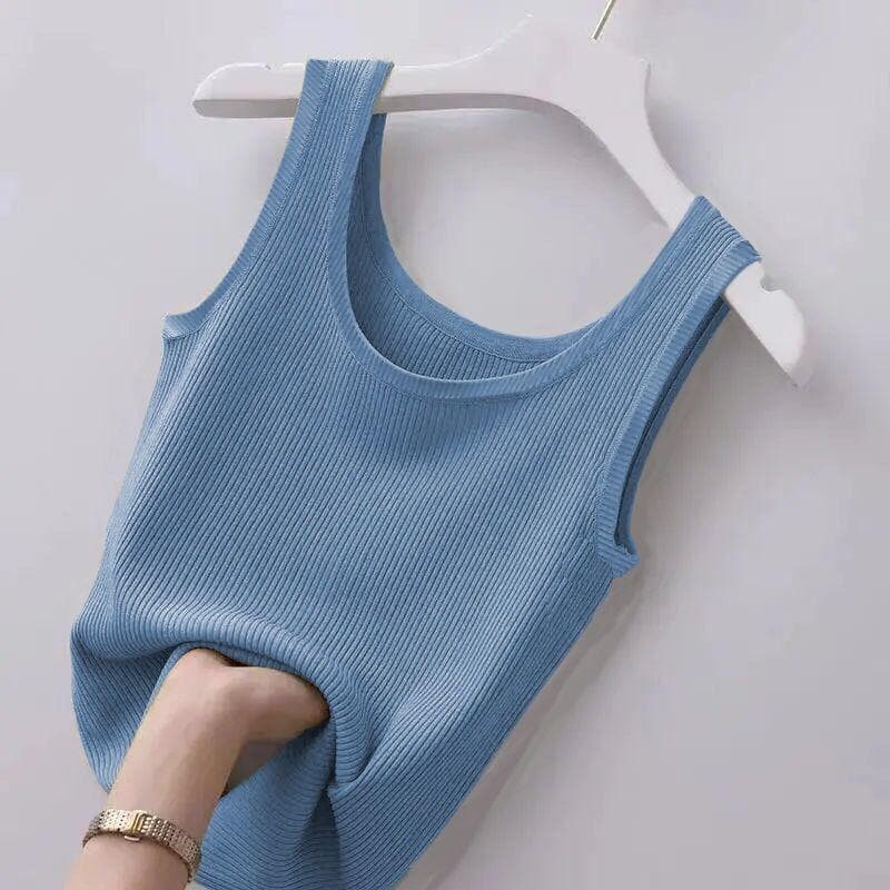 Summer Camisole Women's Plus Size Slim Fit Outer Wear with Round Neck Solid Color Soft Comfortable Bottoming Shirt Sleeveless Thin XL blue