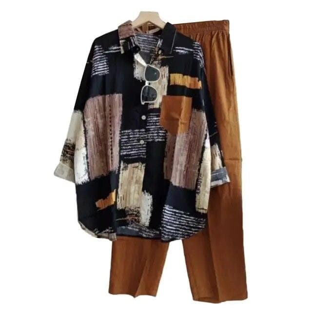 2 Pcs/Set Shirt Pants Set Colorblock Lapel Long Sleeve Loose Elastic Waist Wide Leg Soft Casual Women Blouse Trousers Set One Size coffee