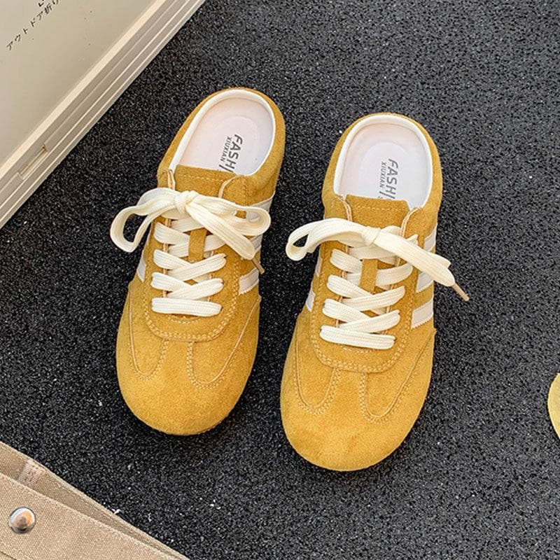 Womens Low Top Striped Casual Skateboard Shoes Lace Up Slip on Summer Baotou Half Slippers 38 yellow