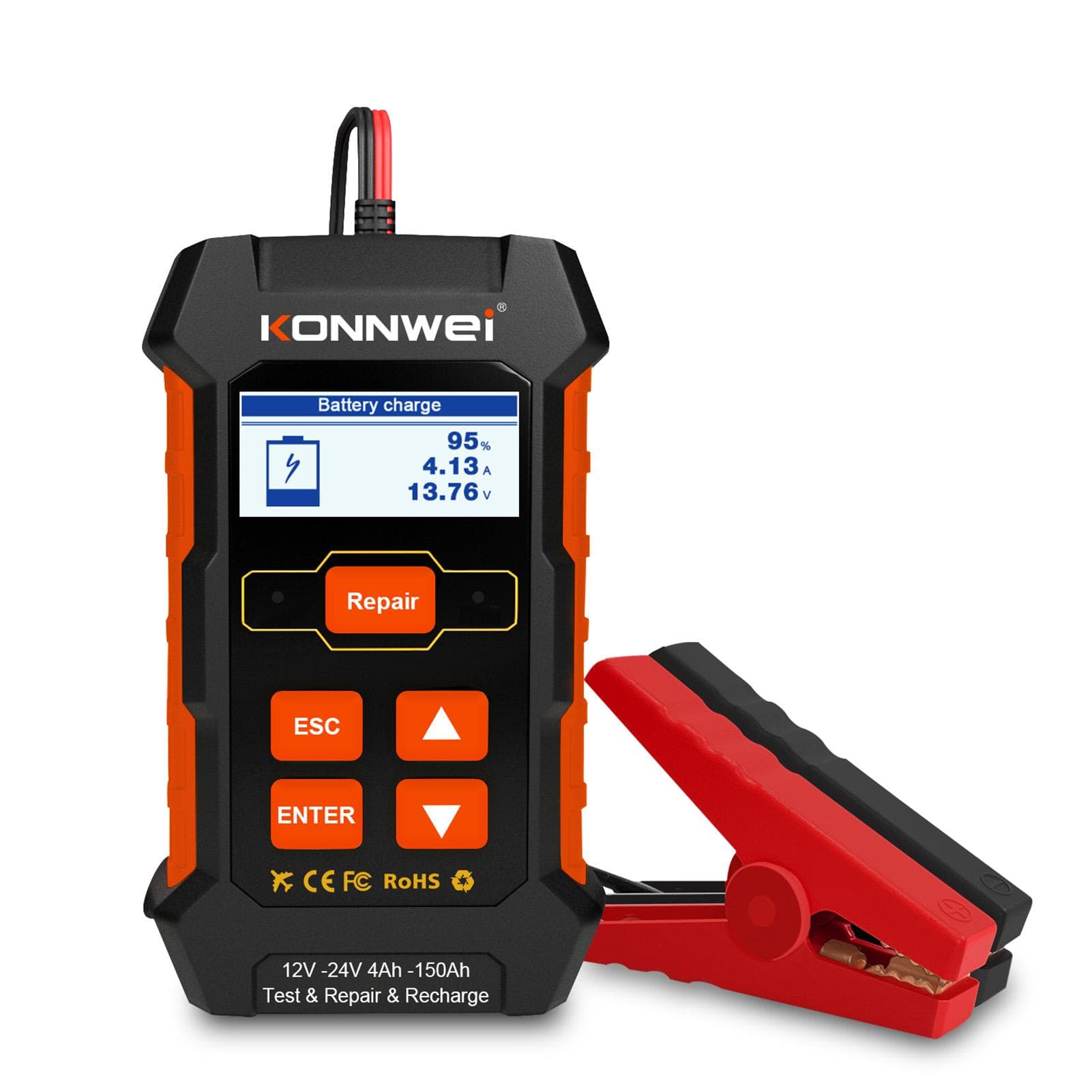 KONNWEI KW520 12V 24V Car Battery Tester Charger and Battery Repairing Tool 3 in 1 Diagnostic US Plug black