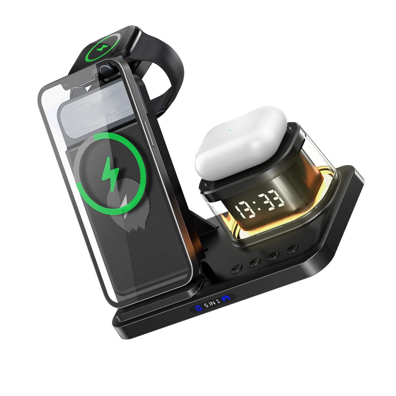 5 in 1 Charging Station Clock Night Light Function Portable Wireless Charger for Mobile Phone Watch