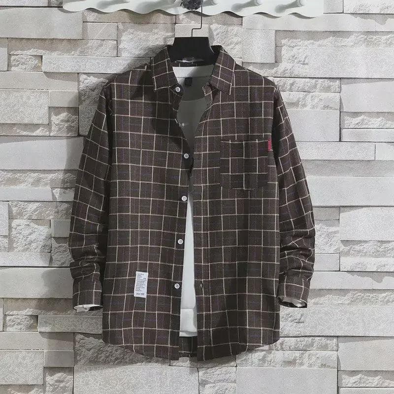 Plaid Men's Long-Sleeve Shirt - Trendy Korean Hong Kong Style 5XL