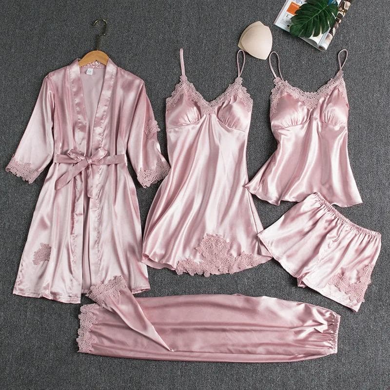 5PC Silk Robe Sleep Suit Womens Lace Satin Pajamas Gown Set V-Neck Cami Nighties Wear Pijama Home Nightwear Spring Nightdress 3XL
