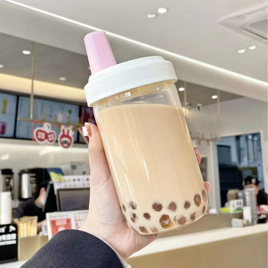 Kawaii Cat Boba Plastic Water Bottle with Straw PU Sleeve Cute Coffee Bubble Tea Milk Cups Portable Drinking Bottle BPA Free 850ml pink