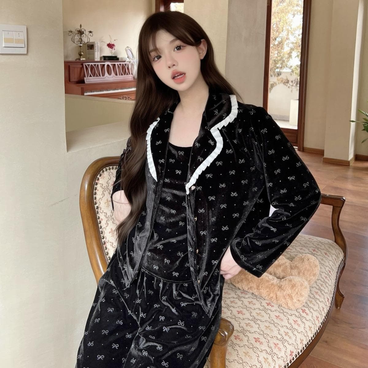 Velvet Women's Pajamas New 2-piece Pajama Pants Set Home Wear Autumn and Winter Printed Velvet Home Wear Pajamas Underwear XL