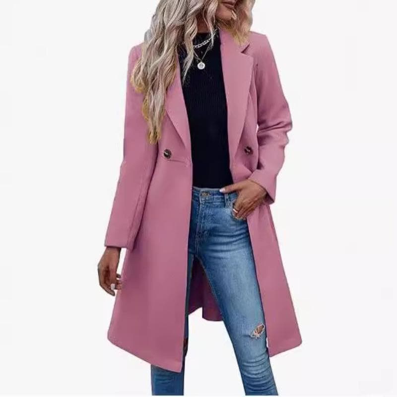 Autumn and winter long woolen women's coat with waist lace-up and double-breasted jacket 2XL pink