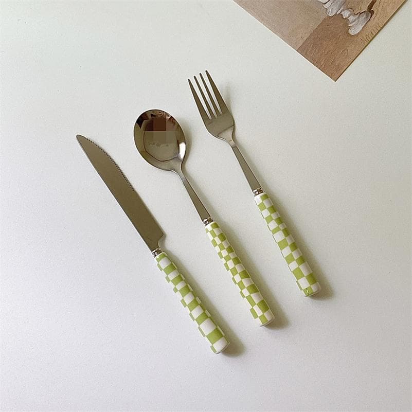 Ins Style Dessert Steak Stainless Steel Knife Fork Spoon Kitchen Dinnerware Checkerboard Lattice Glossy Ceramic Handle 3pcs/set green