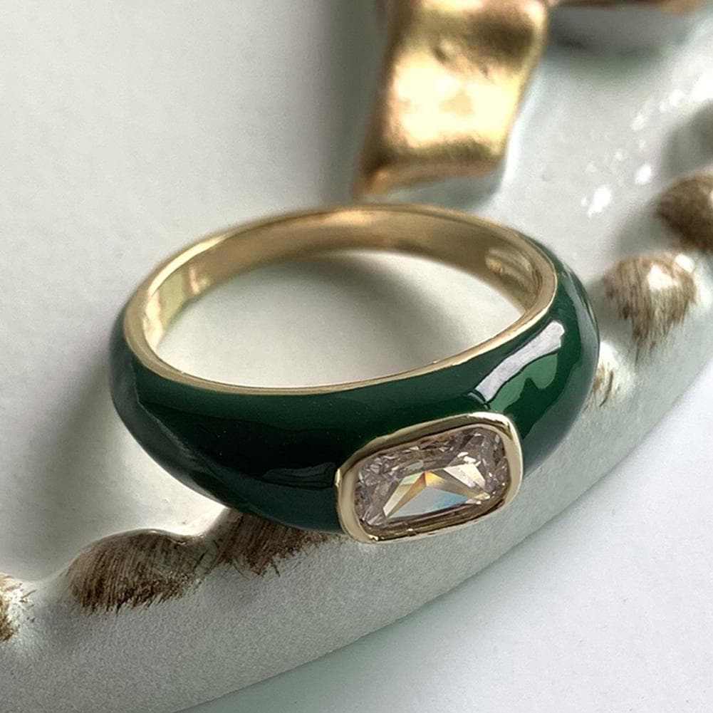 Simple Fashion Retangle Cut White Stone Claw Ring Gold Color Wide Rings Aqua Blue Enamel Rings Wedding Jewelry 6 green