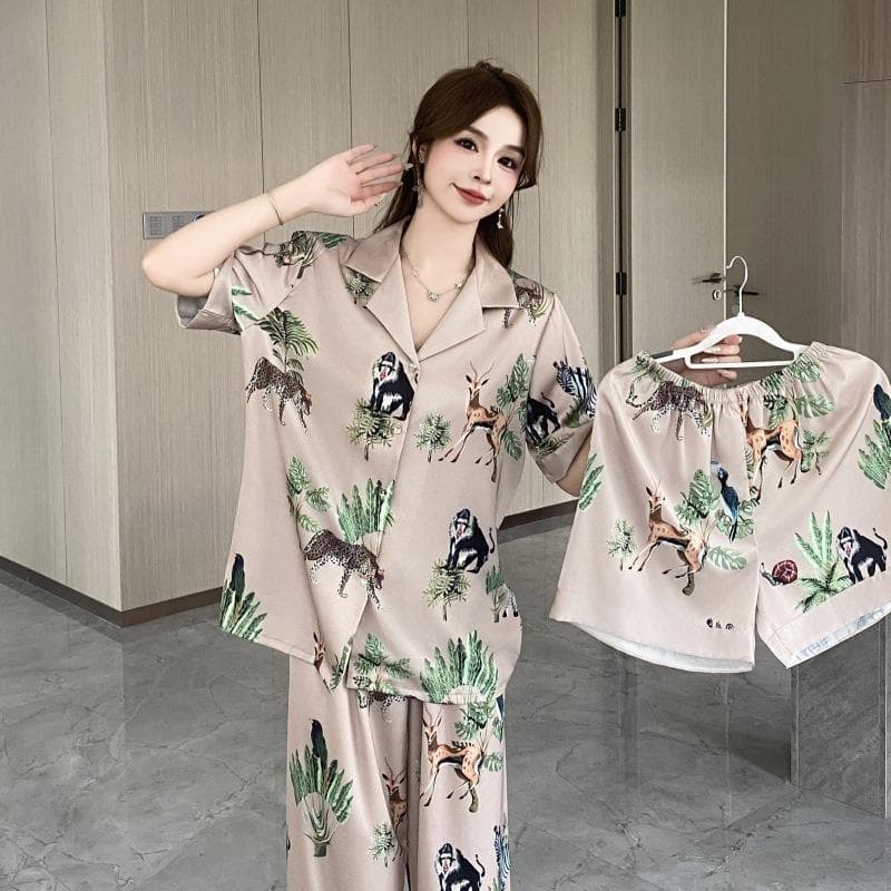 Summer Thin Ice Silk Pajamas for Women High-end Green Short-sleeved Trousers Three-piece Home Clothes XL