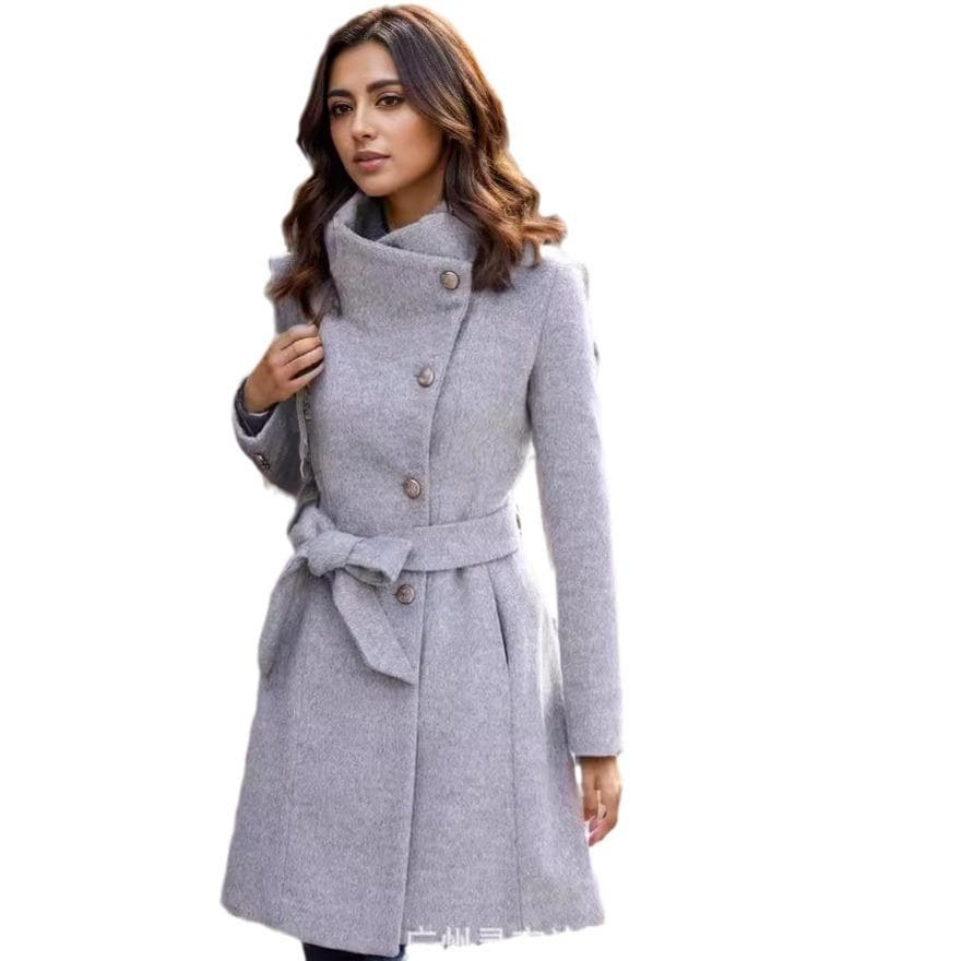 Women's Single-breasted Medium and Long Woolen Coat Women's Belt Slim Jacket XXL