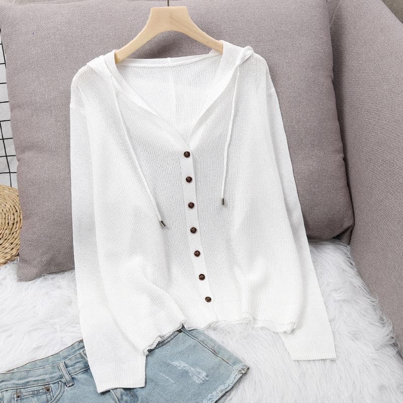 Hooded Ice Silk Summer Knit Cardigan Jacket Women's Top Loose Thin Section Hollow Sunscreen Outer Wear 2XL white