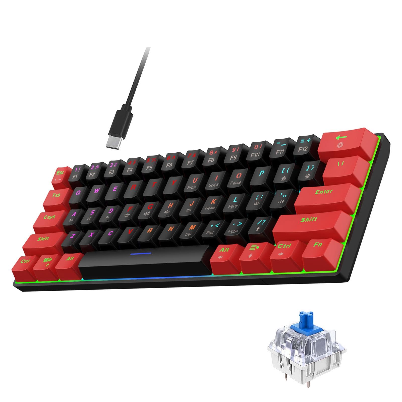 HXSJ V900 RGB Mechanical Keyboard 61-key Gaming Keyboard High-quality Blue Switches Durable and red black