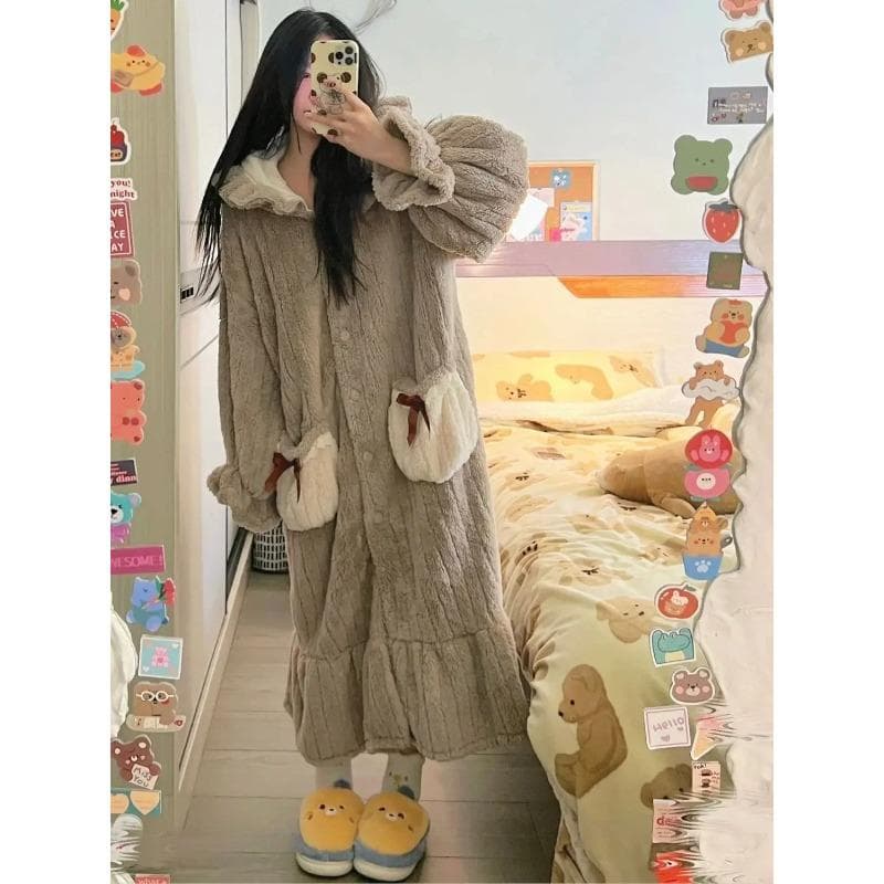 Winter Hooded Pajamas for Women, Warm and Sweet Coral Velvet Pajamas, Plus Velvet, Thickening, Skin-friendly Casual M