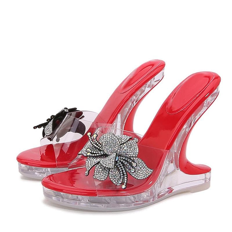Liyke New Crystal Flowers Women's Strange High Heels Slippers Platform Wedge Sandals Summer Open Toe PVC Transparent Shoes 35 red
